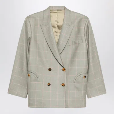 Blazé Milano Double-breasted Beige Blazer With Pink Check Pattern In Gray