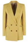 BLAZÉ MILANO DOUBLE-BREASTED MUSTARD LINEN BLAZER WITH PADDED SHOULDERS