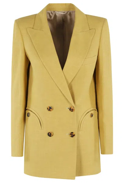 Blazé Milano Double-breasted Mustard Linen Blazer With Padded Shoulders