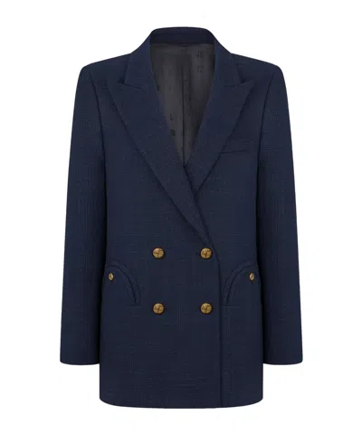 Blazé Milano Double-breasted Oversize Cotton Tweed Navy Blazer In Blue