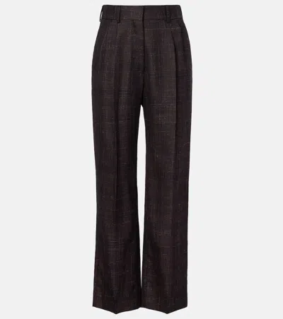 Blazé Milano Fox Checked Wool And Silk Wide-leg Pants In Brown