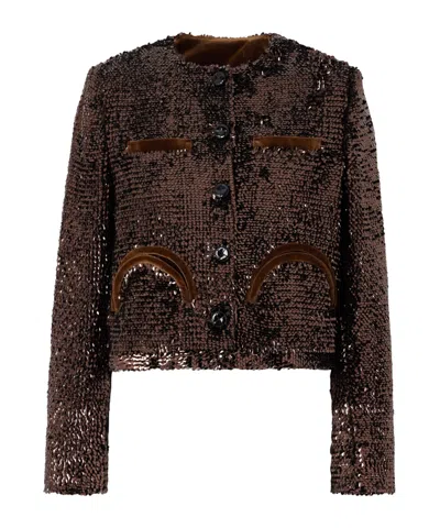 Blazé Milano Tropicana Shamo Cotton Velvet-trimmed Sequined Satin Jacket In Brown