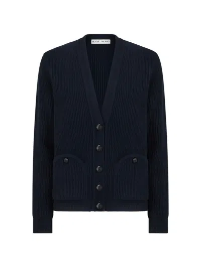 Blazé Milano Ribbed-knit Smiley-pocket Cardigan In Blue