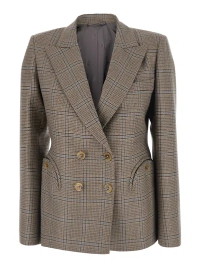 Blazé Milano Blaze Milano Saona Double-breasted Wool Jacket With Peak Revers And Check Motif In Brown