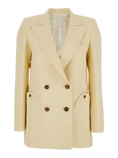 Blazé Milano Beige Double-breasted Jacket With Peak Lapels In Linen And Silk Blend Woman In Neutral