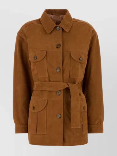 Blazé Milano Suede Jacket With Belted Waist And Flap Pockets In Brown