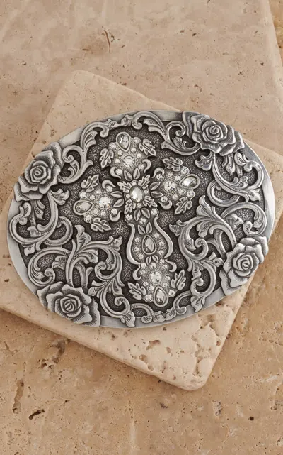 Blazin Roxx Nocona Antiqued Silver Cross & Rose Filigree With Rhinestones Oval Belt Buckle In Multi