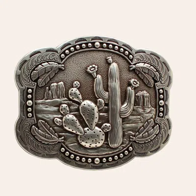 Blazin Roxx Silver Cactus Feathers Scalloped Belt Buckle In Metallic