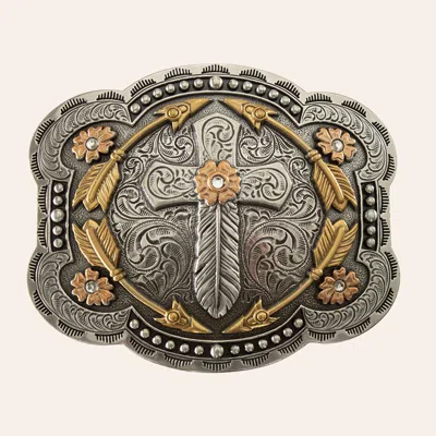 Blazin Roxx Two Tone Feather Cross Scallop Buckle In Metallic