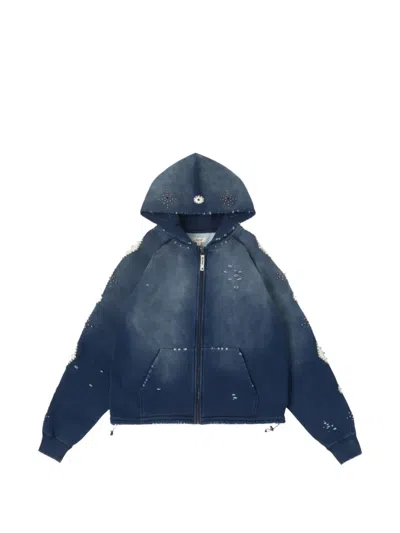 Bldg4 Falling Stud-embellished Distressed Hoodie In Blue