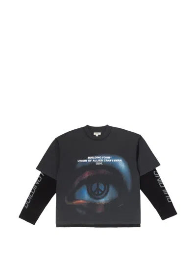 Bldg4 Graphic-print Layered-sleeve T-shirt In Black