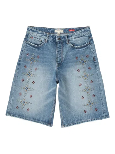 Bldg4 Tide Rhinestone-embellished Denim Shorts In Blue