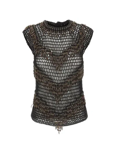 Bless Amaranto Bead-embellished Crochet Top In Black