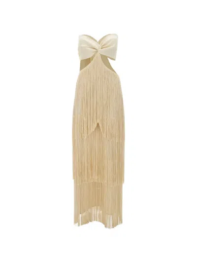 Bless Ambel Fringe-detail Maxi Dress In Neutral