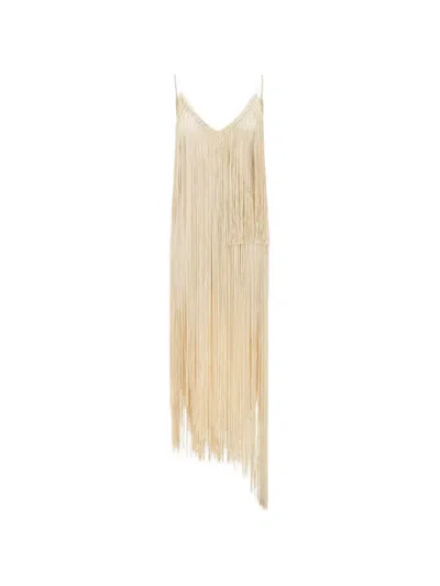 Bless Ebano Crochet-trim Fringe Asymmetric Dress In Brown