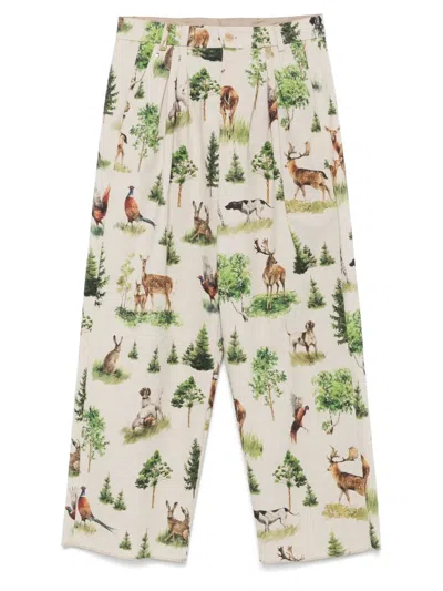 Bless Forest Animals-print Pleated Trousers In Neutrals