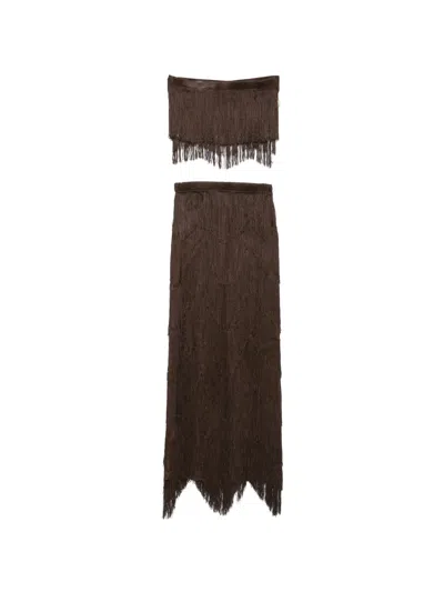 Bless Fringed Tank Top And Skirt Set In Brown
