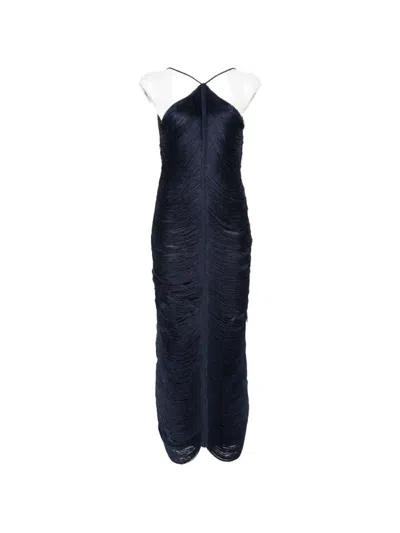 Bless Jade Fringed Halterneck Midi Dress In Blue