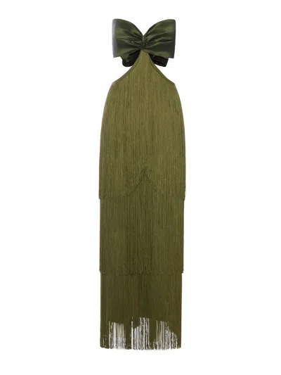 Bless Long Dress With Fringes And Satin Bow In Green