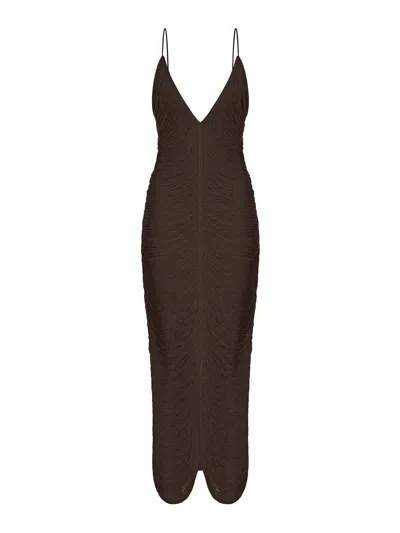 Bless Long Sol Dress With Fringes And V-neck In Brown