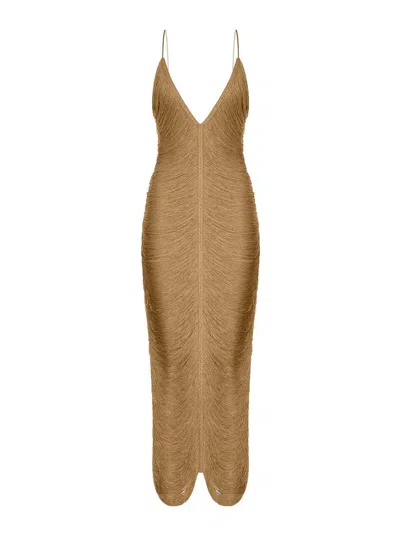 Bless Long Sol Dress With Fringes And V-neck In Silver