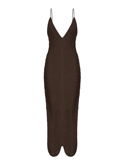 Bless Long Solé Dress With Fringes And V-neck In Brown