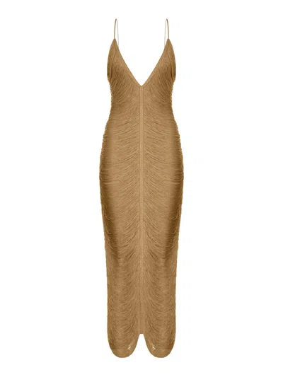 Bless Long Solé Dress With Fringes And V-neck In Multi