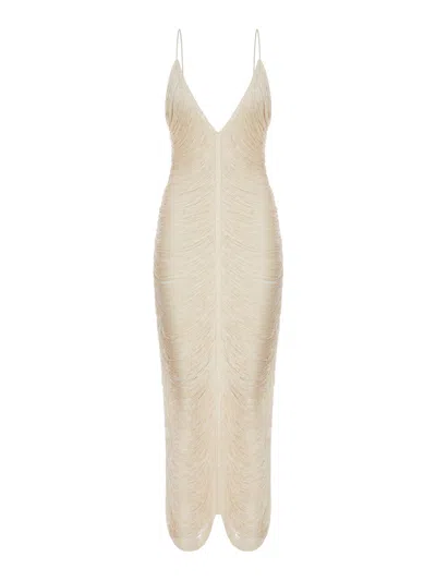 Bless Long Solé Dress With Fringes And V-neck In Multi