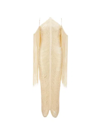 Bless Pelta Fringed Halterneck Maxi Dress In Brown