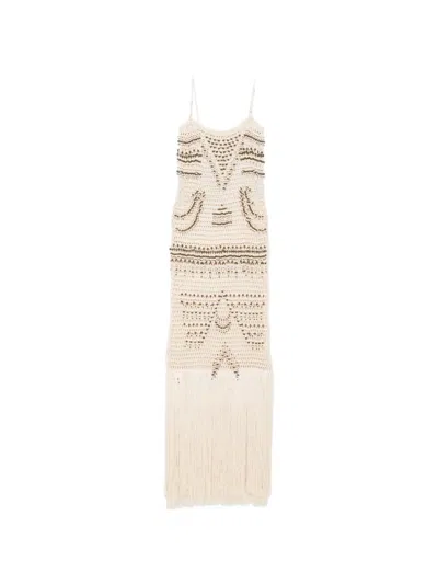 Bless Takara Bead-embellished Fringed Maxi Dress In Neutral
