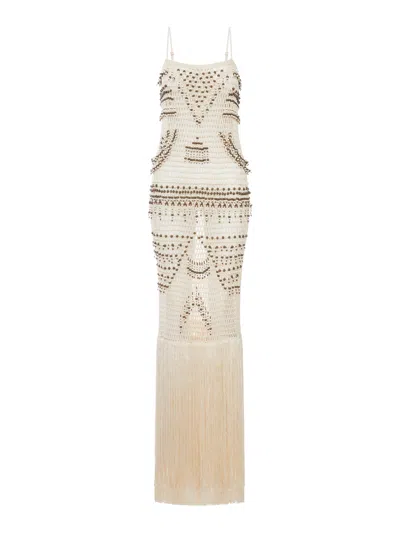 Bless Takara Long Dress With Fringes In Neutral