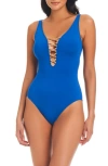 Bleu By Rod Beattie Kore Lace Down Mio One-piece Swimsuit In Azure/ Rose Gold