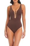 Bleu Rod Beattie Kore Lace Down Mio One-piece Swimsuit In Hickory/ Rose Gold