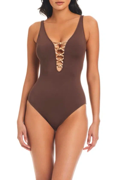 Bleu By Rod Beattie Kore Lace Down Mio One-piece Swimsuit In Hickory/ Rose Gold