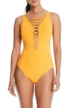 BLEU BY ROD BEATTIE LET'S GET KNOTTY LACE DOWN ONE-PIECE SWIMSUIT