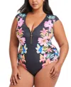 Bleu By Rod Beattie Plus Size Border-print Sweet Escape Cap-sleeve Zip-front Swimsuit In Multi