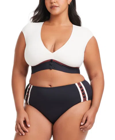 Bleu By Rod Beattie Plus Size Button-down Cap-sleeve Cropped Swim Top In Coconut