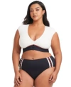 Bleu Rod Beattie Plus Size Cap Sleeve Cropped Swim Top Side Button Bottoms In Coconut