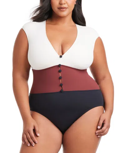 Bleu By Rod Beattie Plus Size Colorblocked Button-down Cap-sleeve One-piece Swimsuit In Coconut