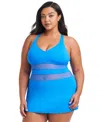 Bleu Rod Beattie Plus Size Dont Mesh With Me Mesh Inset Swim Dress In Azur Park