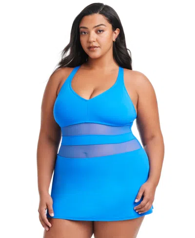 Bleu By Rod Beattie Plus Size Dont Mesh With Me Mesh Inset Swim Dress In Azur Park