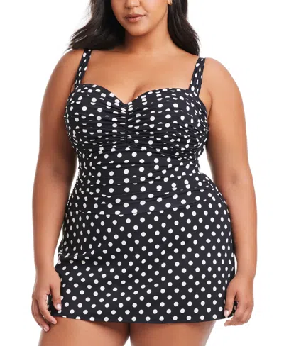Bleu By Rod Beattie Plus Size Dot-print Double Trouble Shirred Swimdress In Coconut Water
