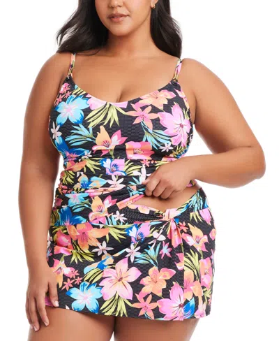 Bleu Rod Beattie Plus Size Printed Sweet Escape Draped Hipster Swim Skirt In Multi