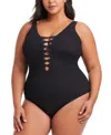 Bleu Rod Beattie Plus Size Pucker Up Lace-down Over-the-shoulder Swimsuit In Black