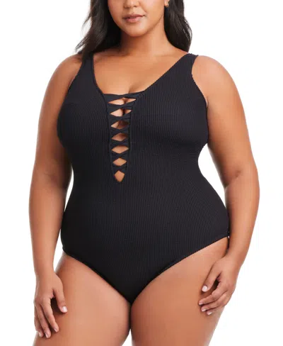 Bleu By Rod Beattie Plus Size Pucker Up Lace-down Over-the-shoulder Swimsuit In Black