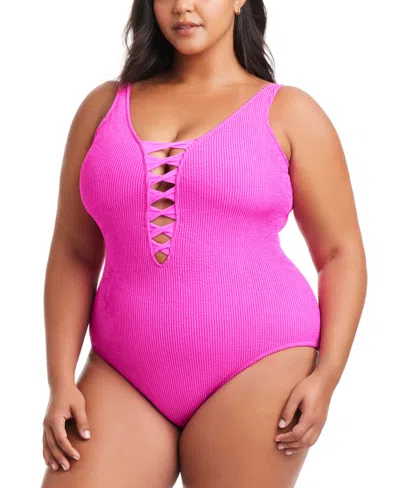 Bleu By Rod Beattie Plus Size Pucker Up Lace-down Over-the-shoulder Swimsuit In Dahlia