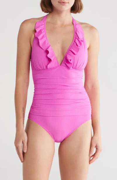 Bleu By Rod Beattie Ruffle Halter One-piece Swimsuit In Bright Orchid