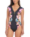 Bleu By Rod Beattie Plus Size Border-print Sweet Escape Cap-sleeve Zip-front Swimsuit In Multi