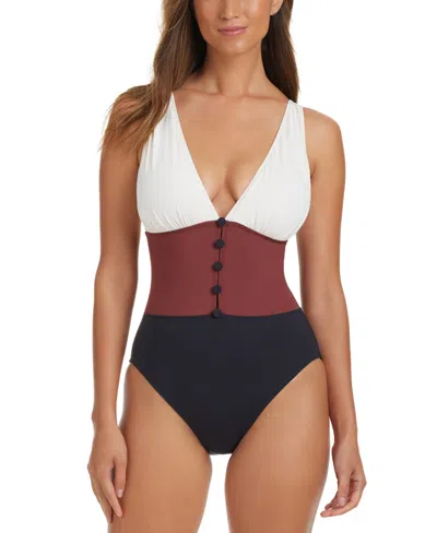 Bleu By Rod Beattie Women's Colorblocked Button-front One-piece Swimsuit In Coconut