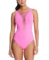 Bleu By Rod Beattie Rod Beattie Let's Get Knotty Lace Down One-piece Swimsuit In Castro Pink